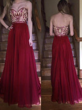 Burgundy Sweetheart Beaded Bodice Long Prom Dress